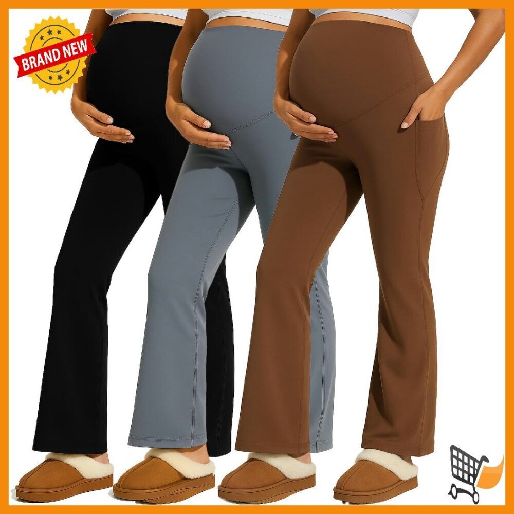 Maternity Flare Leggings 3 Pack Over Belly Pockets Yoga Pants